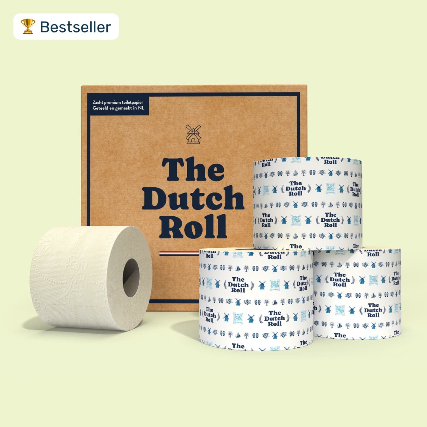 The Dutch Roll toiletpapier uit Nederland, plasticvrij, hoge kwaliteit, duurzame verpakking met designband.