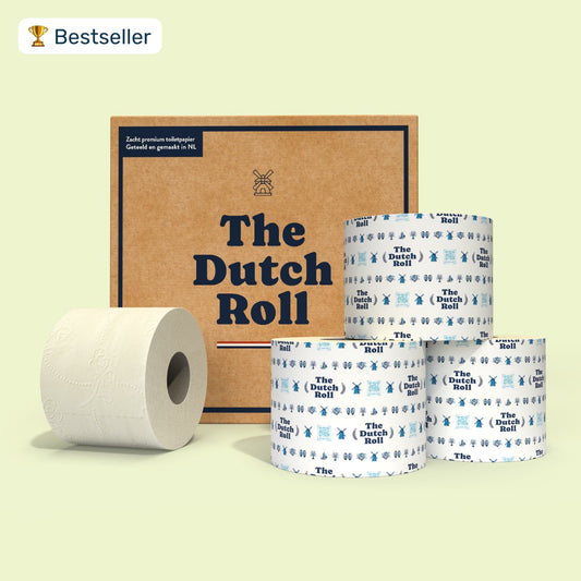 The Dutch Roll toiletpapier uit Nederland, plasticvrij, hoge kwaliteit, duurzame verpakking met designband.