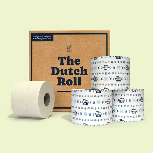 The Dutch Roll toiletpapier uit Nederland, plasticvrij, hoge kwaliteit, duurzame verpakking met designband.