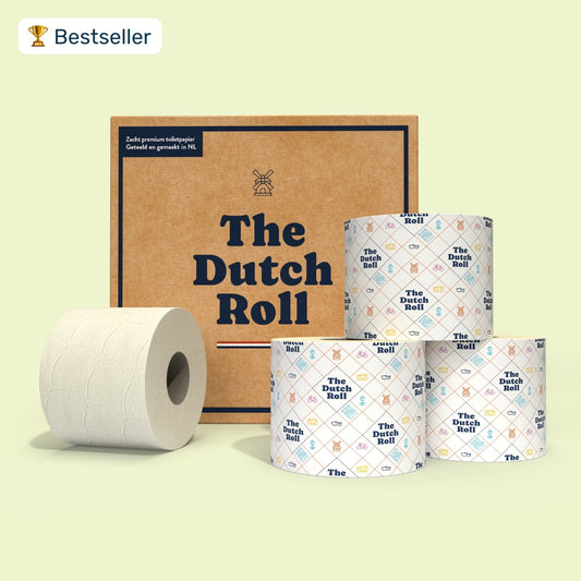 The Dutch Roll toiletpapier uit Nederland, plasticvrij, hoge kwaliteit, duurzame verpakking met designband.
